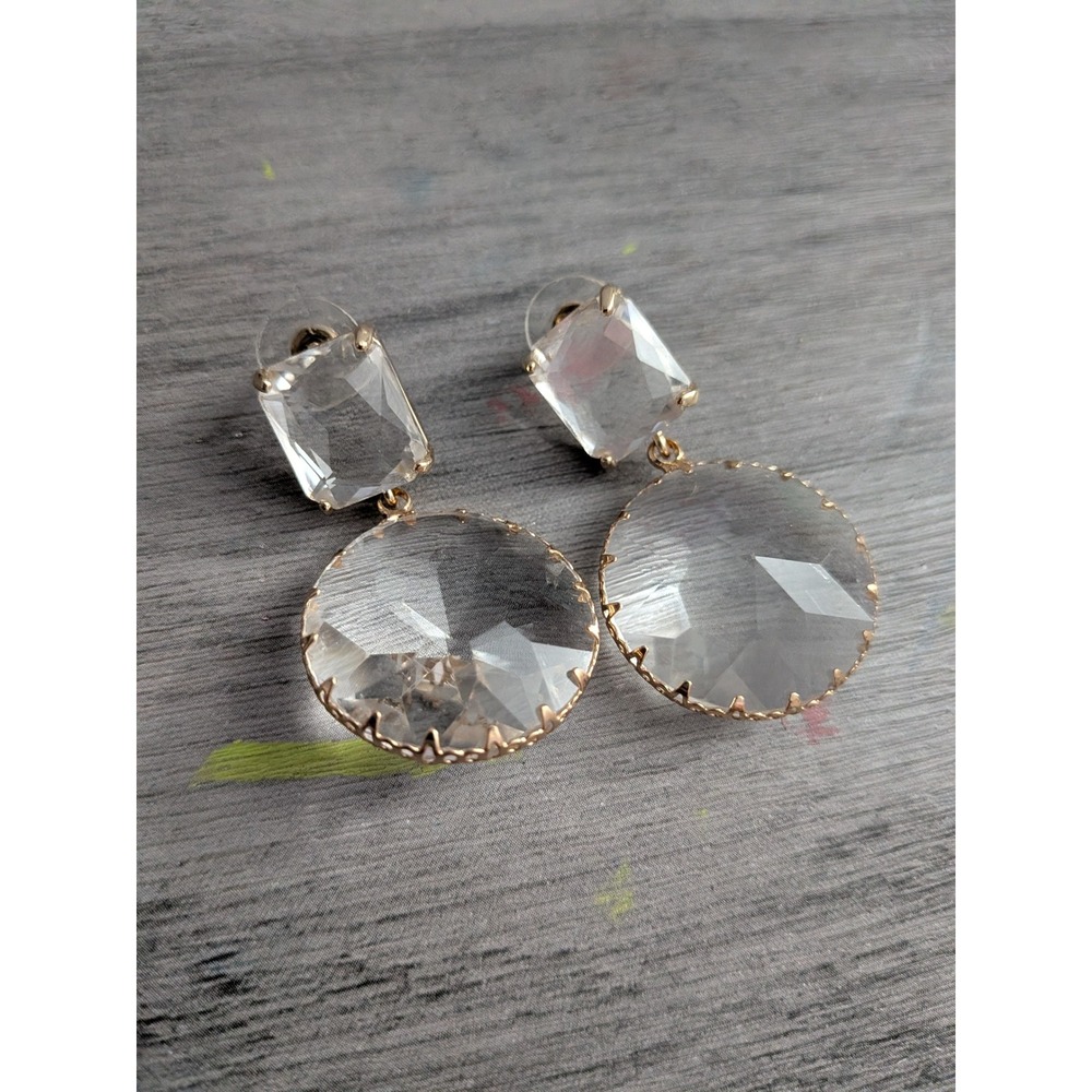 Gold Tone Clear Faceted Glass Geometric Circle Drop Statement Earrings